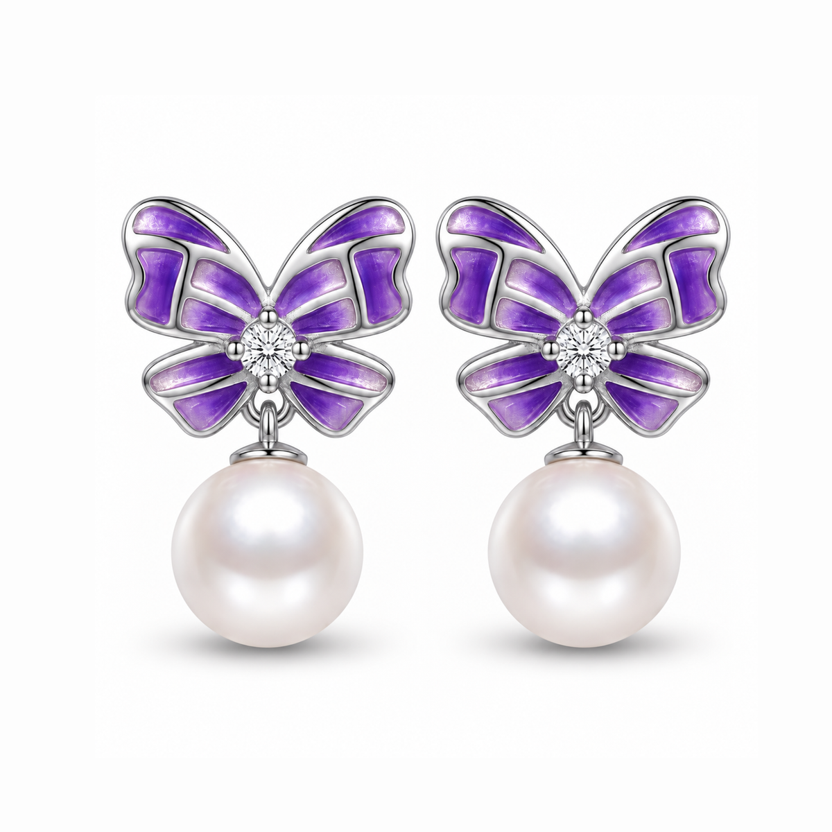 Purple butterfly 925 sterling silver pearl drop earrings on a white background