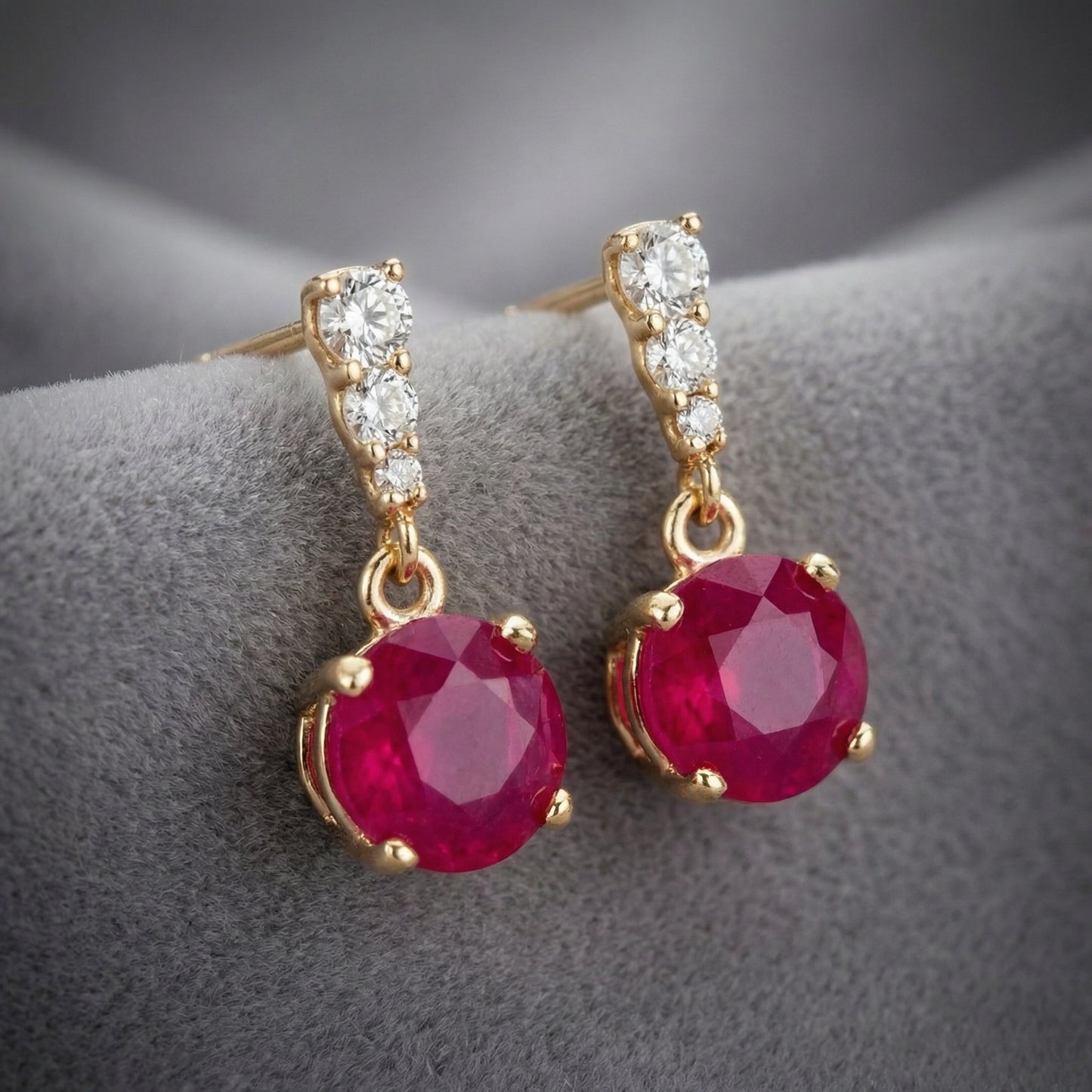 18K gold plated 925 sterling silver red cubic zirconia drop stud earrings close-up