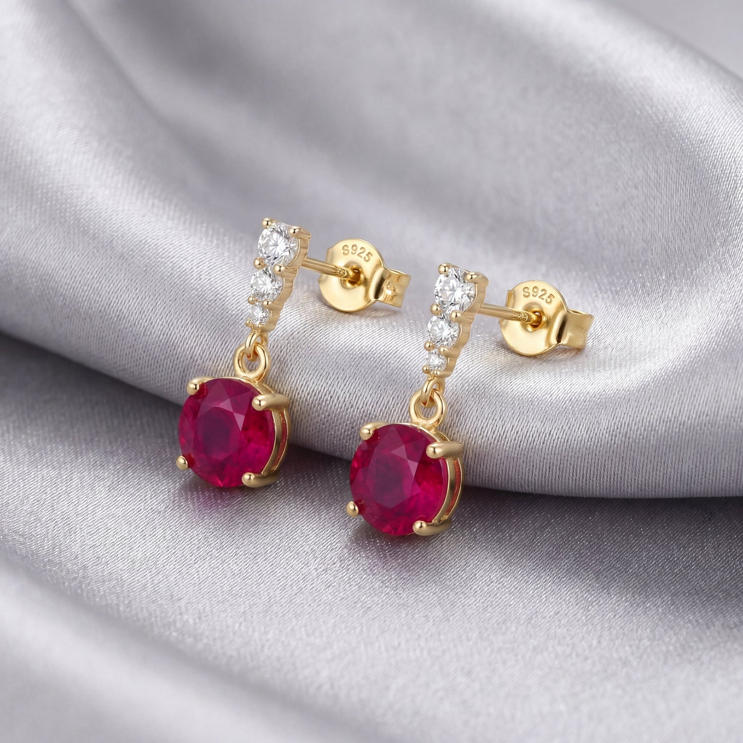 Back and side view of 18K gold plated 925 sterling silver red cubic zirconia drop stud earrings