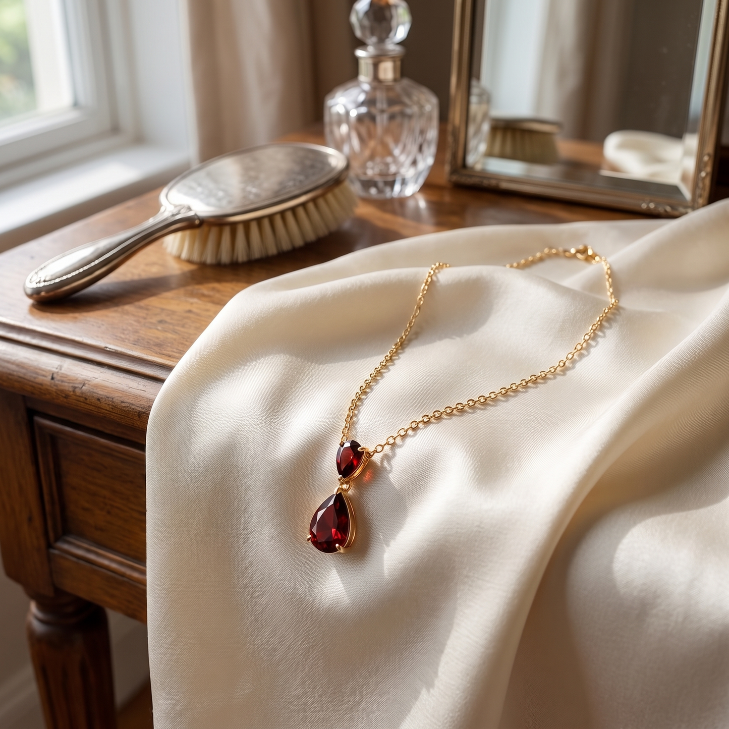 Red teardrop gold necklace styled on champagne silk beside a vanity table