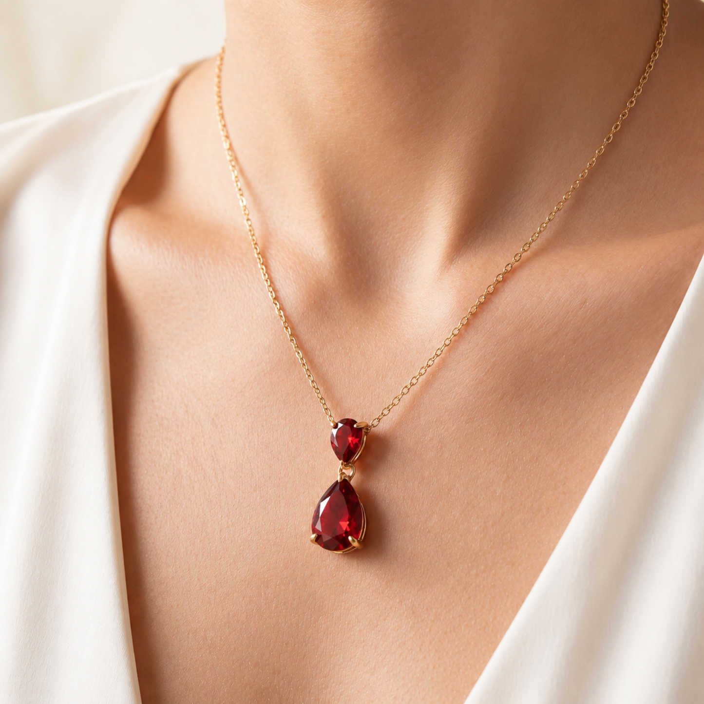 Model wearing the Ruby Glow red teardrop gold necklace