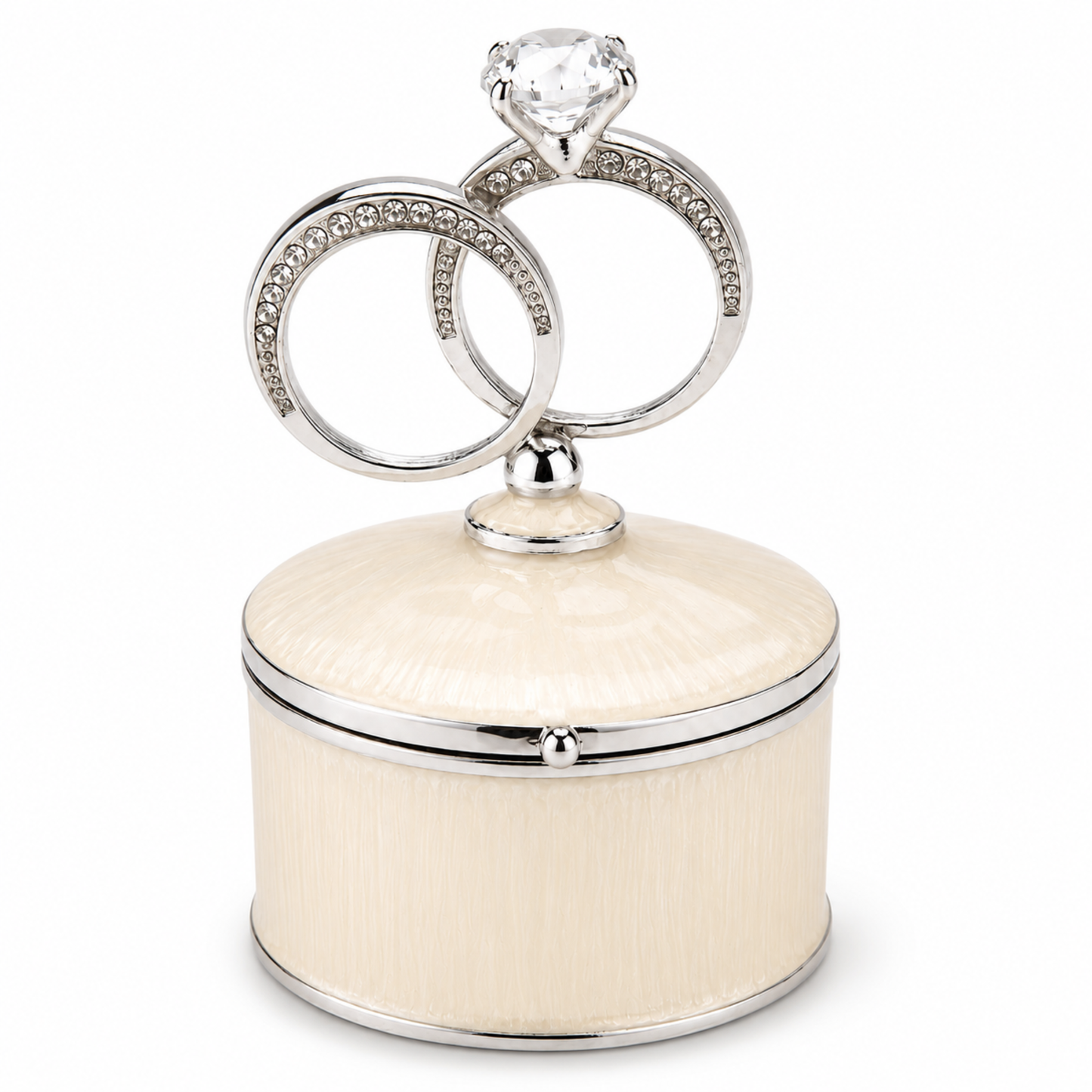 Romantic double wedding rings jewellery box with crystal detail in ivory and silver