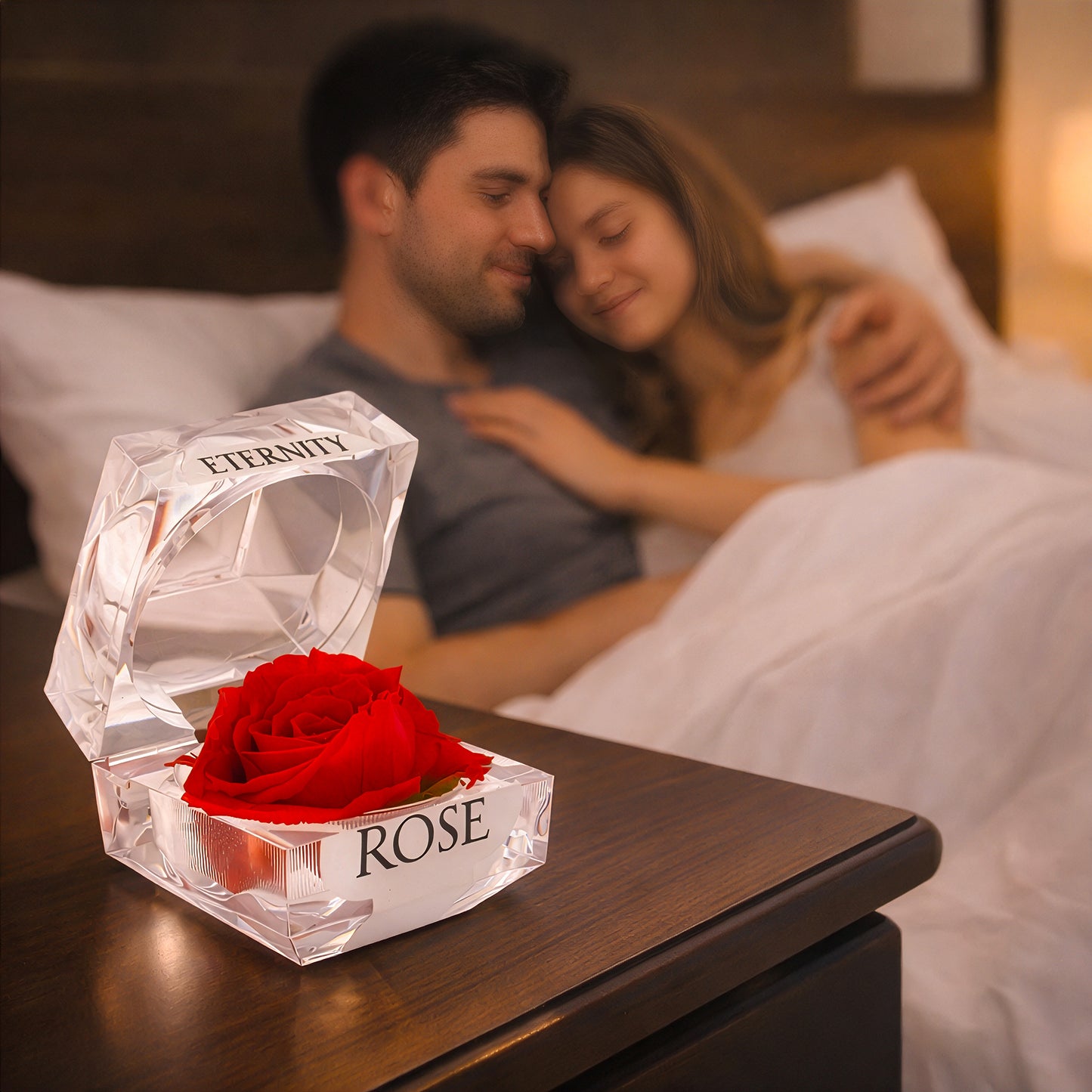 Romantic everlasting rose gift box on bedside table for anniversary surprise