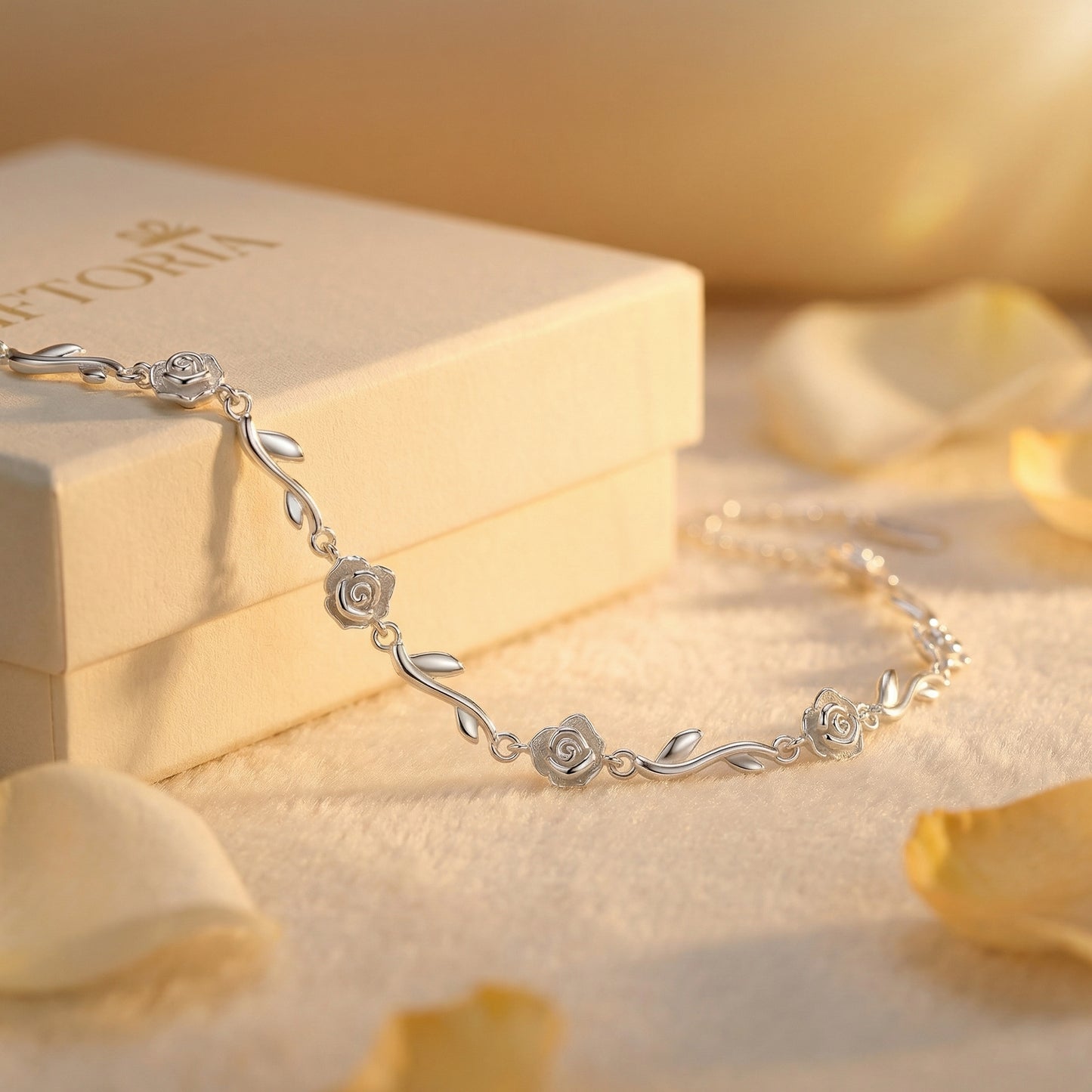 Romantic rose 925 sterling silver bracelet styled with a Giftoria gift box and soft floral details.