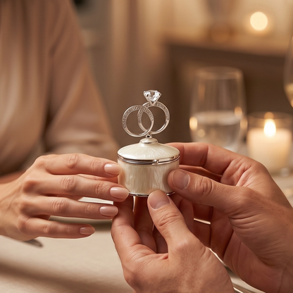 Romantic double wedding rings jewellery box being presented between a couple