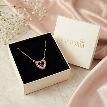 Rose gold 925 sterling silver heart necklace presented in a Giftoria jewellery gift box