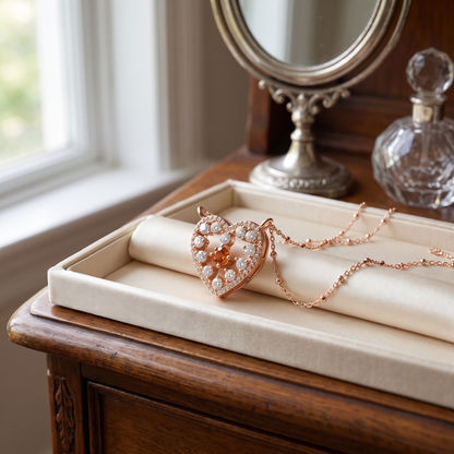 Rose gold heart pendant necklace displayed in a jewellery box on an elegant dressing table
