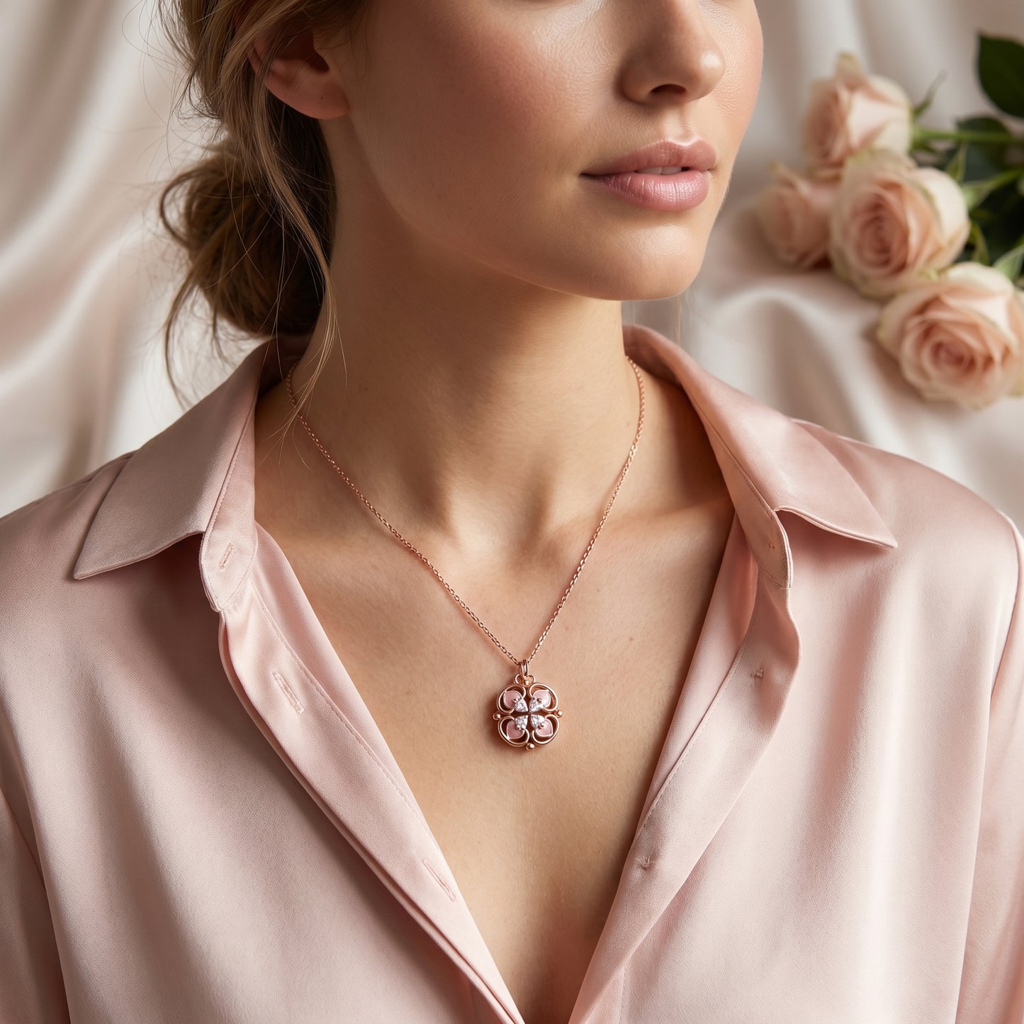 Model wearing 925 sterling silver rose gold lucky clover necklace