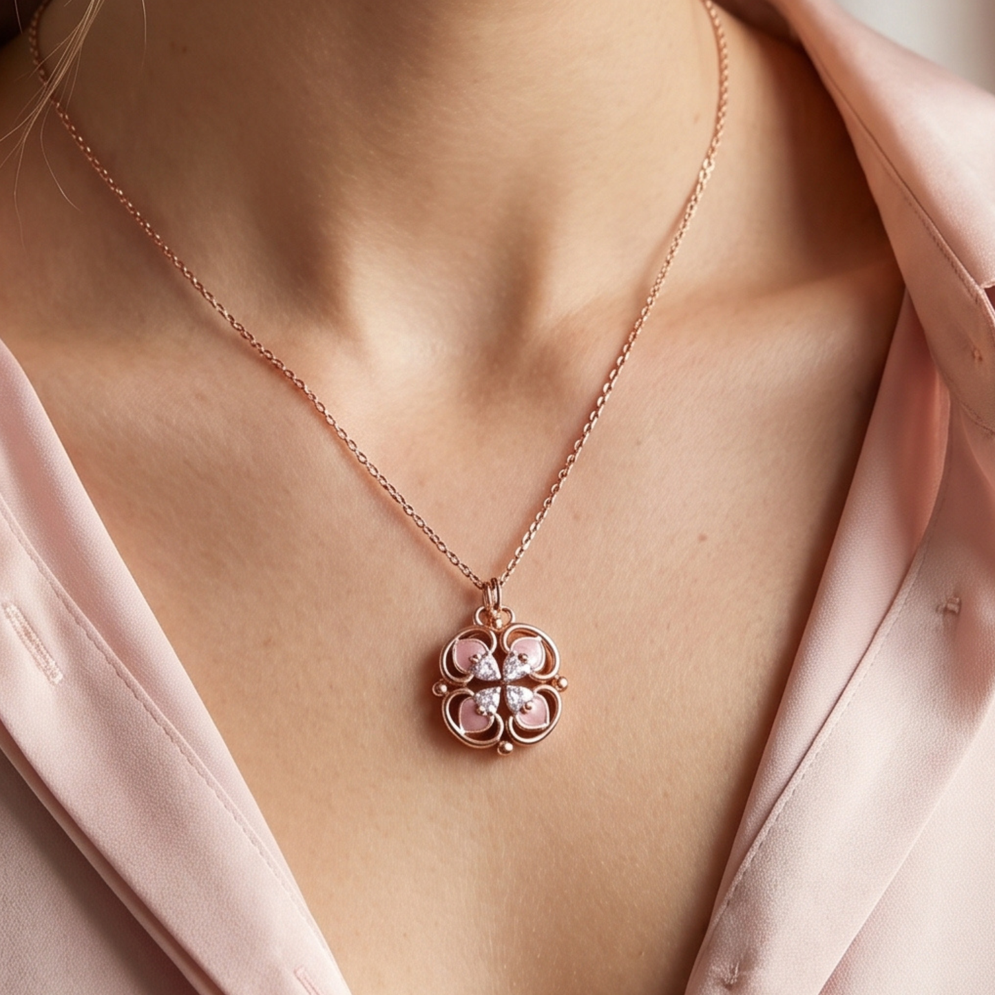 Model wearing 925 sterling silver rose gold lucky clover necklace