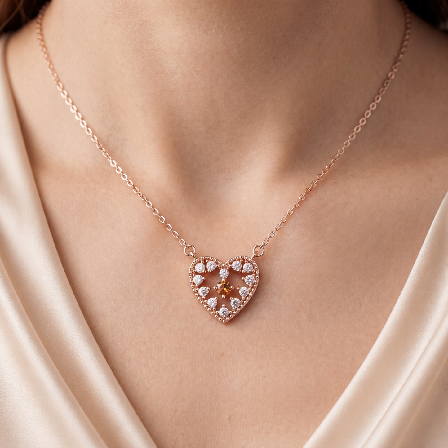 Woman wearing a rose gold 925 sterling silver red sparkle heart pendant necklace