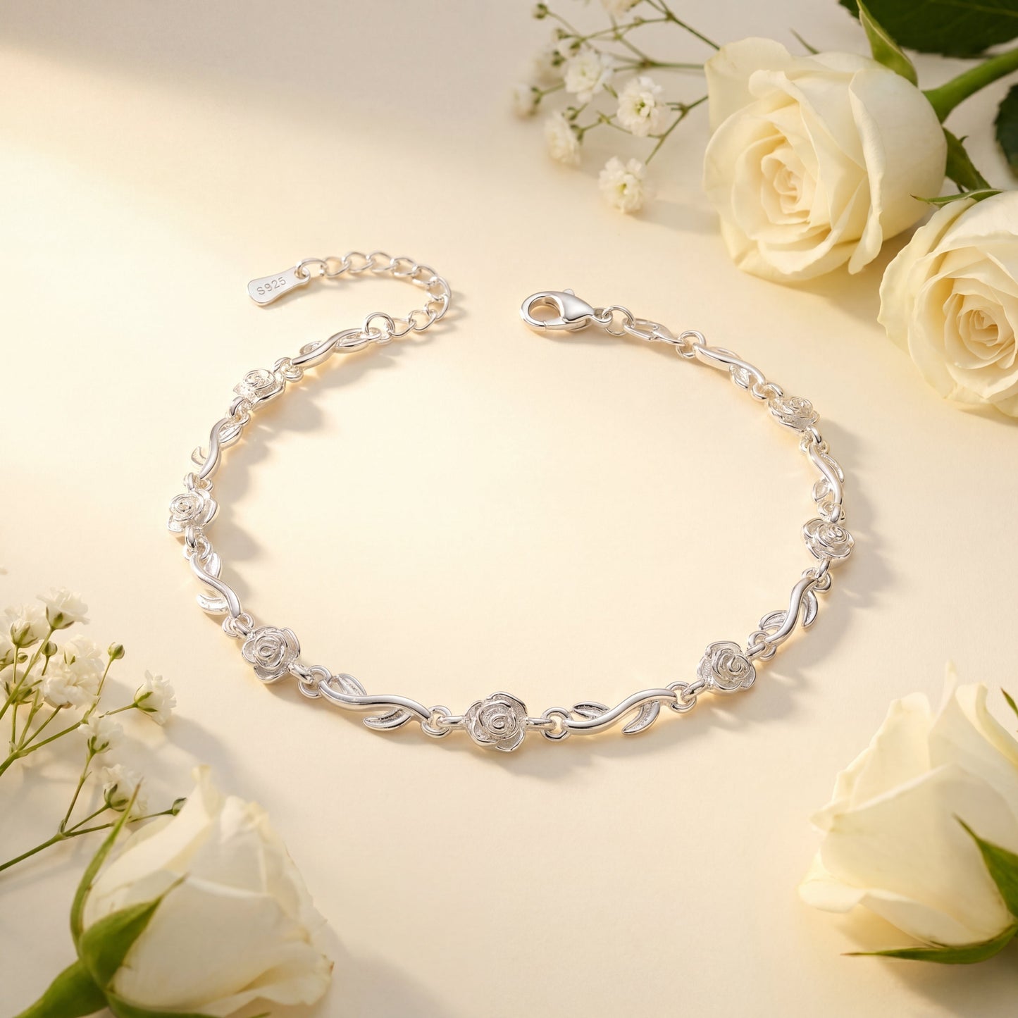 Rose of Love 925 sterling silver bracelet with rose and vine design, gift-ready jewellery from Giftoria Australia.