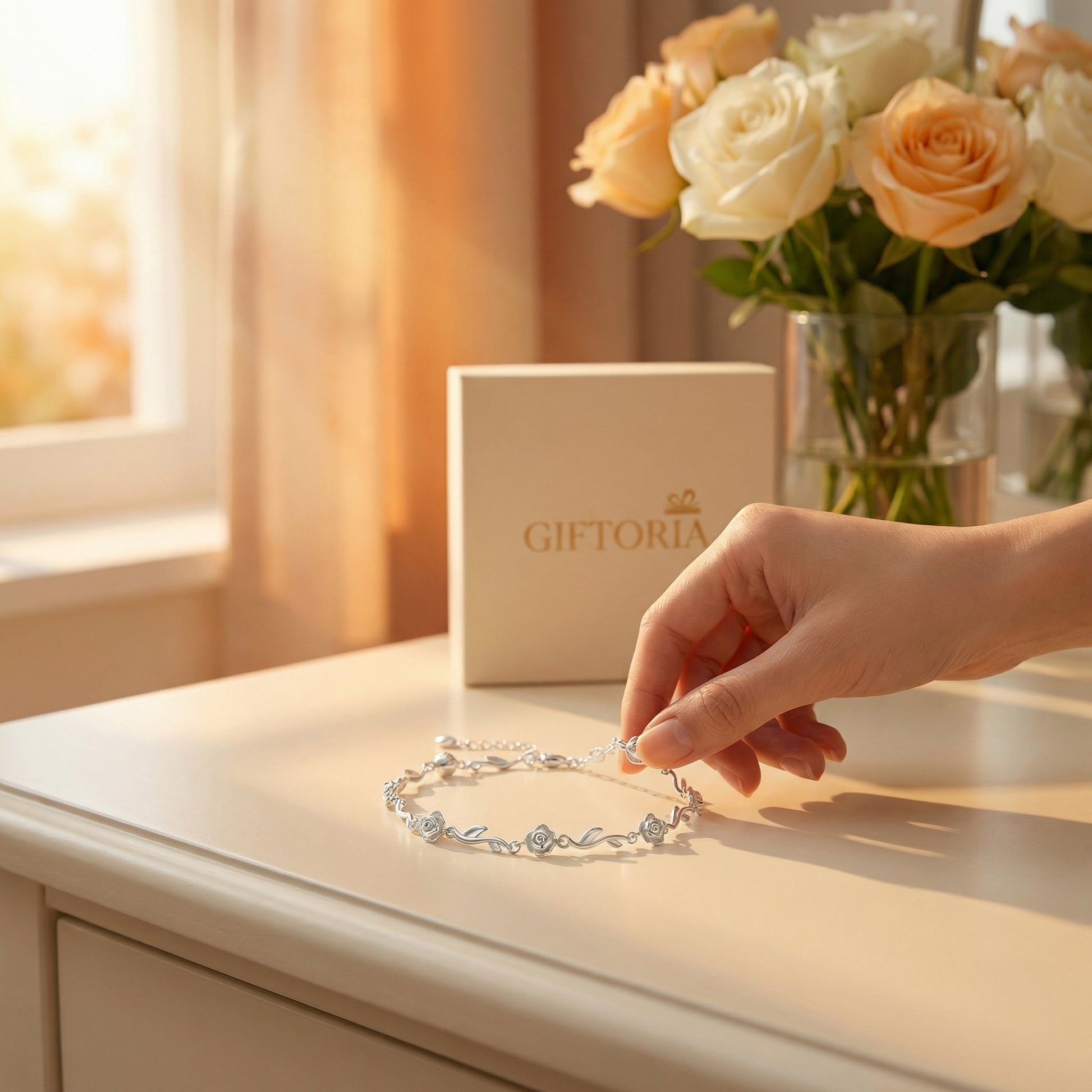 Rose of Love silver bracelet styled as a romantic gift for her, perfect for birthdays, anniversaries and special moments.