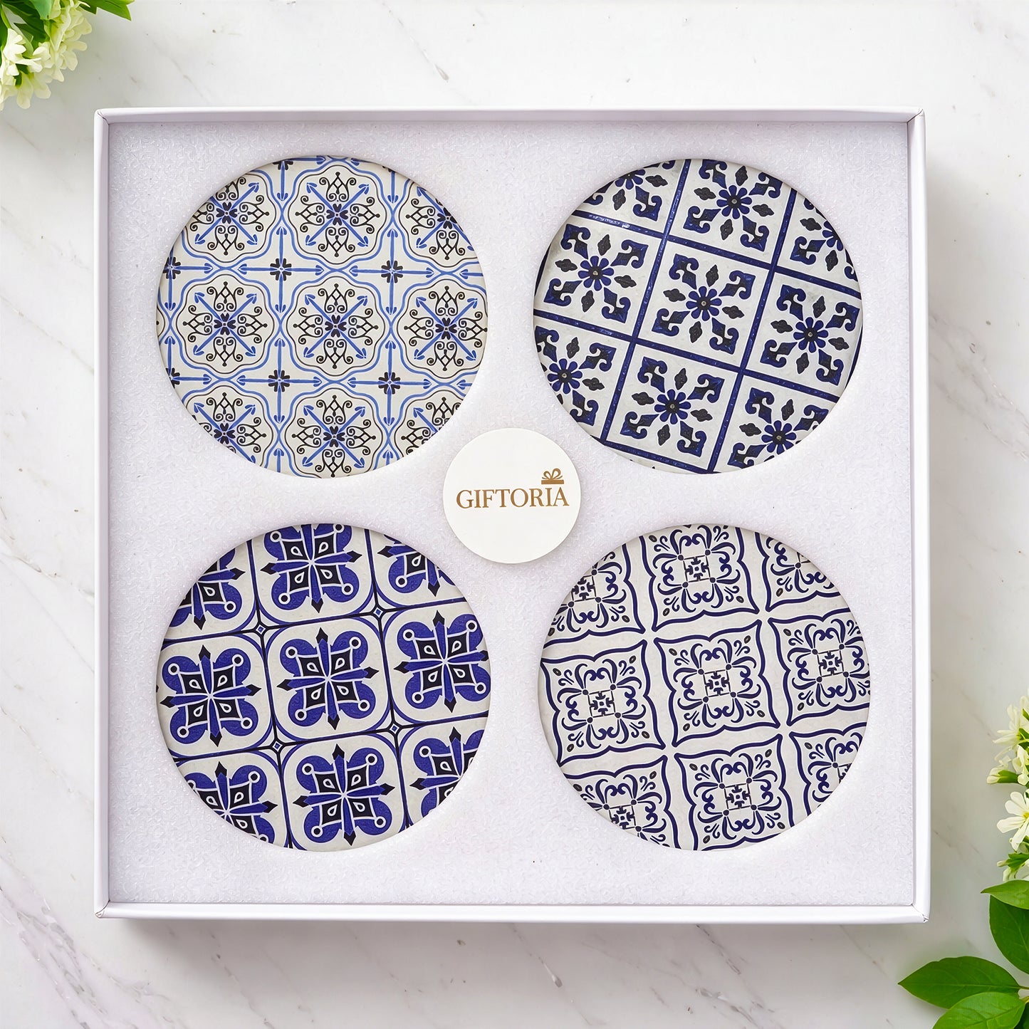 Round ceramic coaster set 4pcs gift box by Giftoria Australia