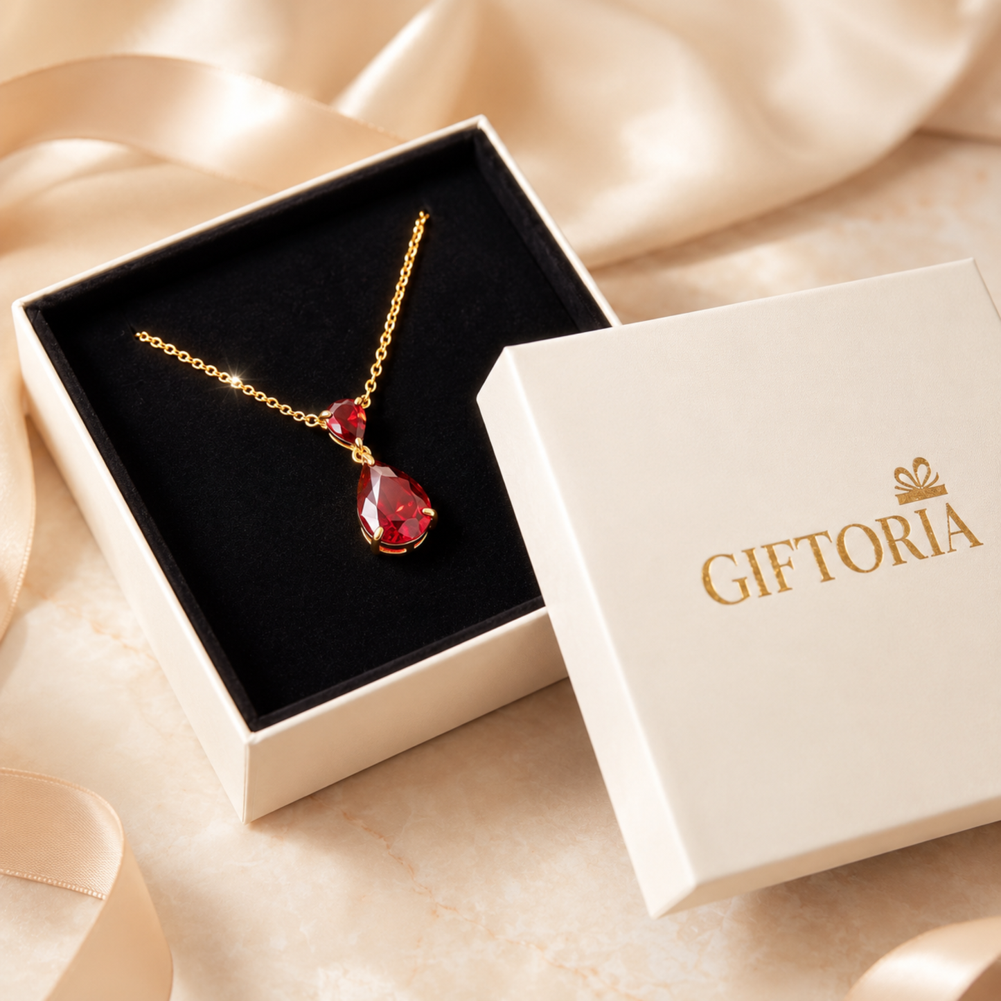Ruby Glow red teardrop necklace presented in a Giftoria jewellery gift box