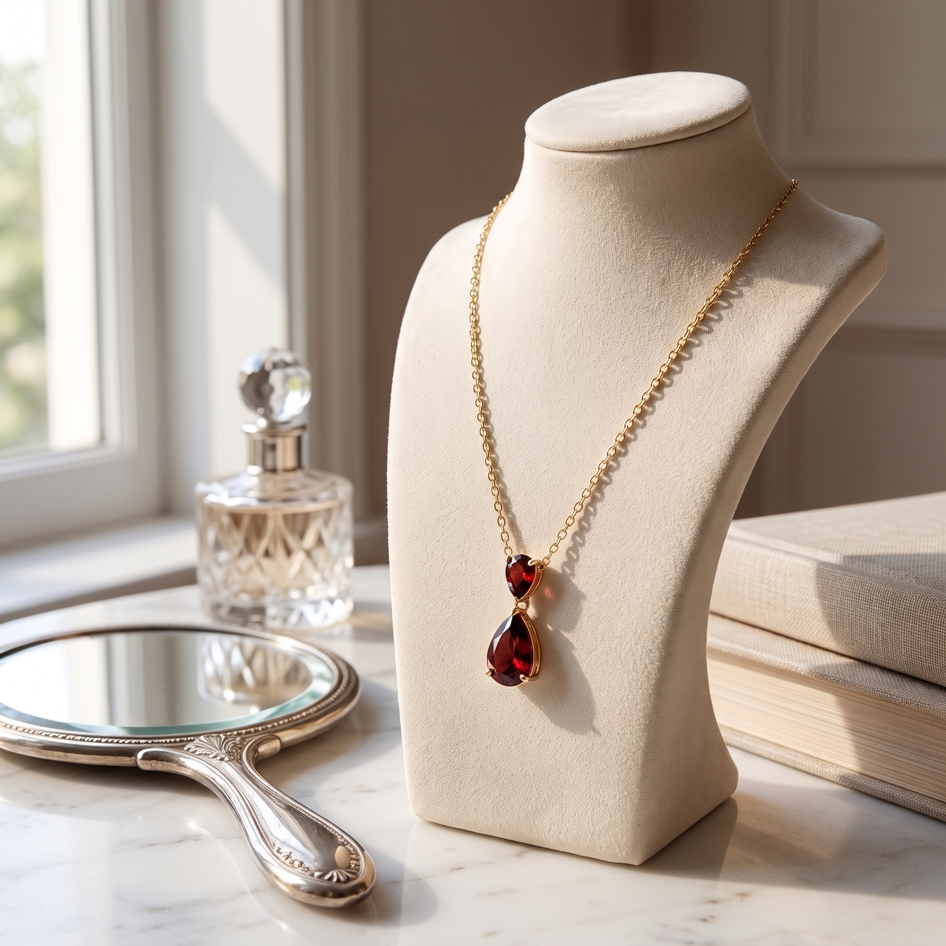 Ruby Glow red teardrop necklace displayed on a cream jewellery stand