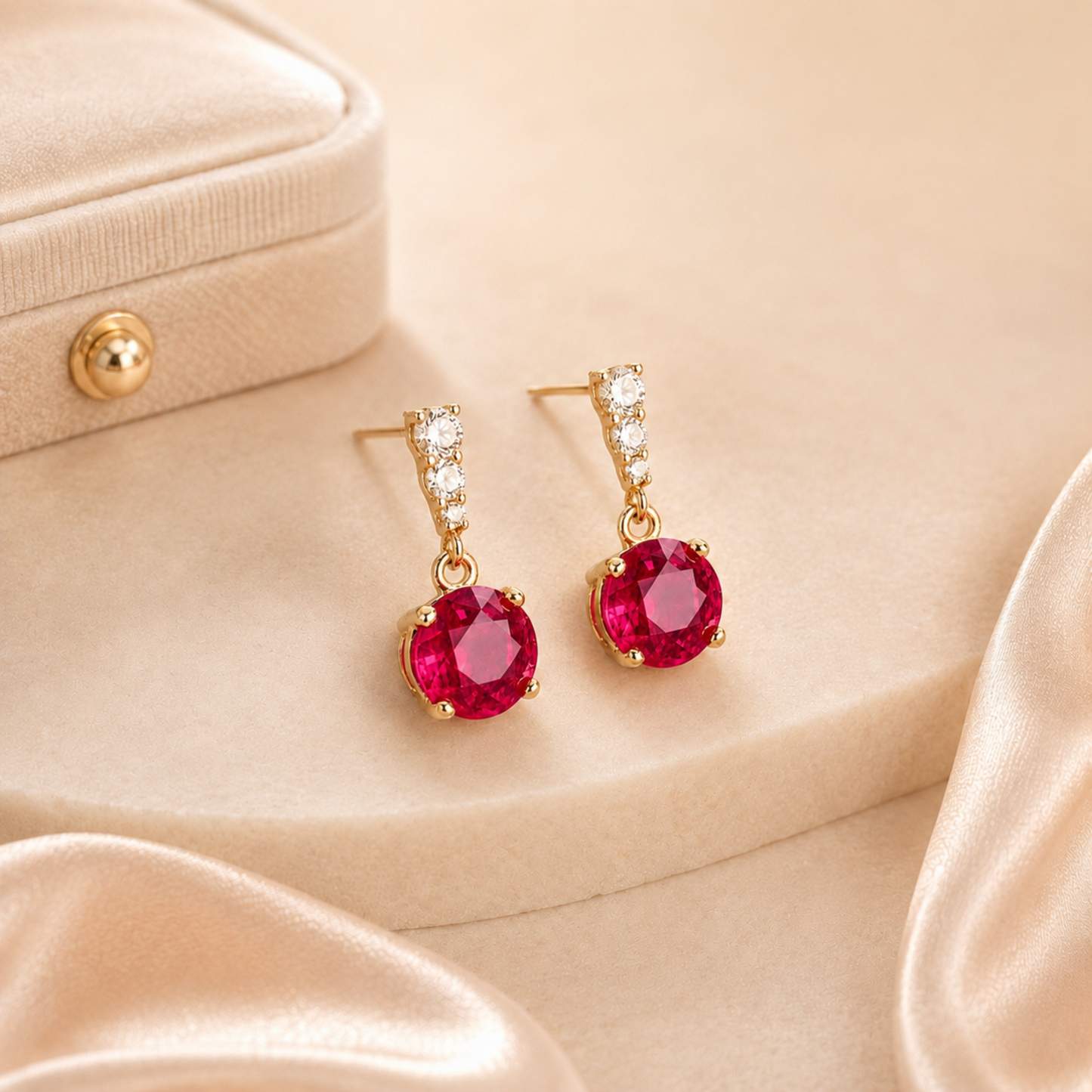 Ruby red three-stone drop earrings with an elegant 18K gold plated finish