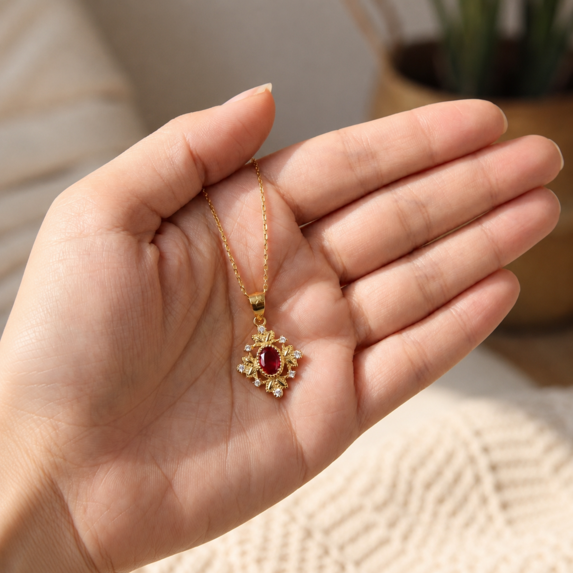 Gold ruby red vintage pendant necklace displayed in hand to show its size and fine details