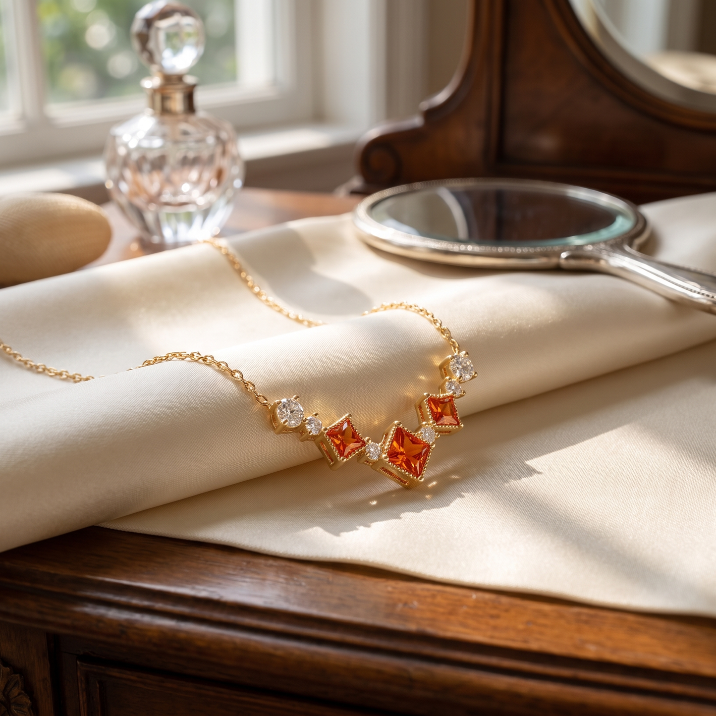 Gold Scarlet Vintage red cubic zirconia necklace styled on an elegant dressing table