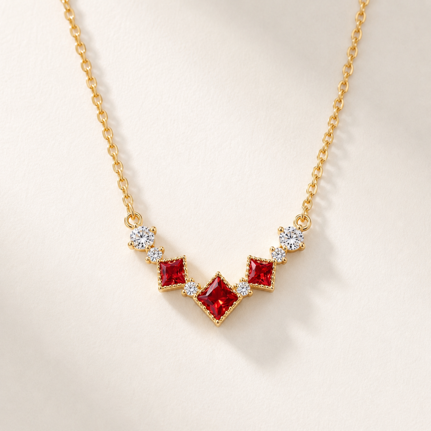Front view of the gold Scarlet Vintage red cubic zirconia necklace on a white background