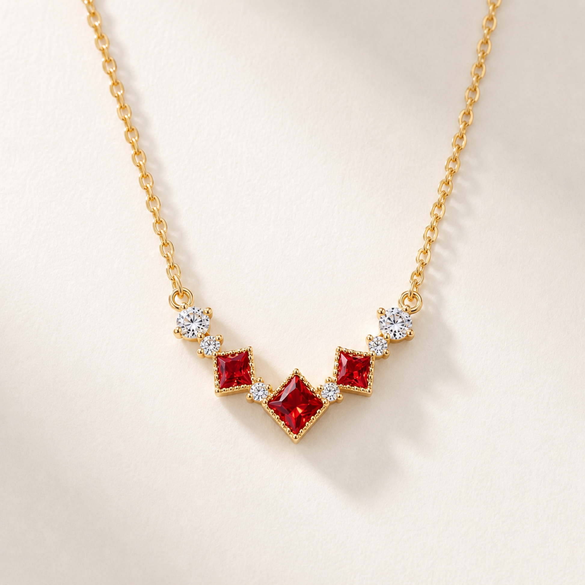 Front view of the gold Scarlet Vintage red cubic zirconia necklace on a white background