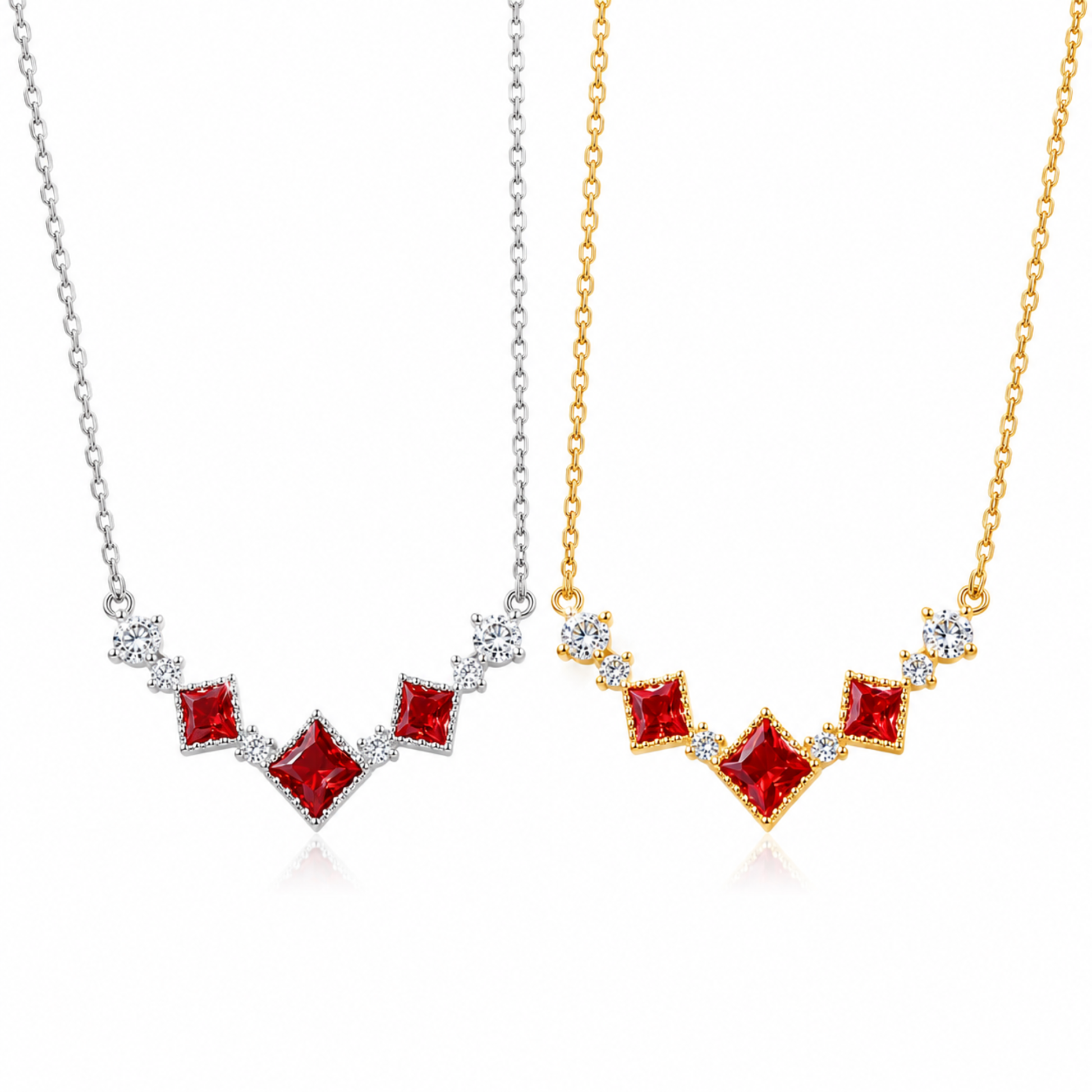 Gold and silver colour options of the Scarlet Vintage red cubic zirconia necklace
