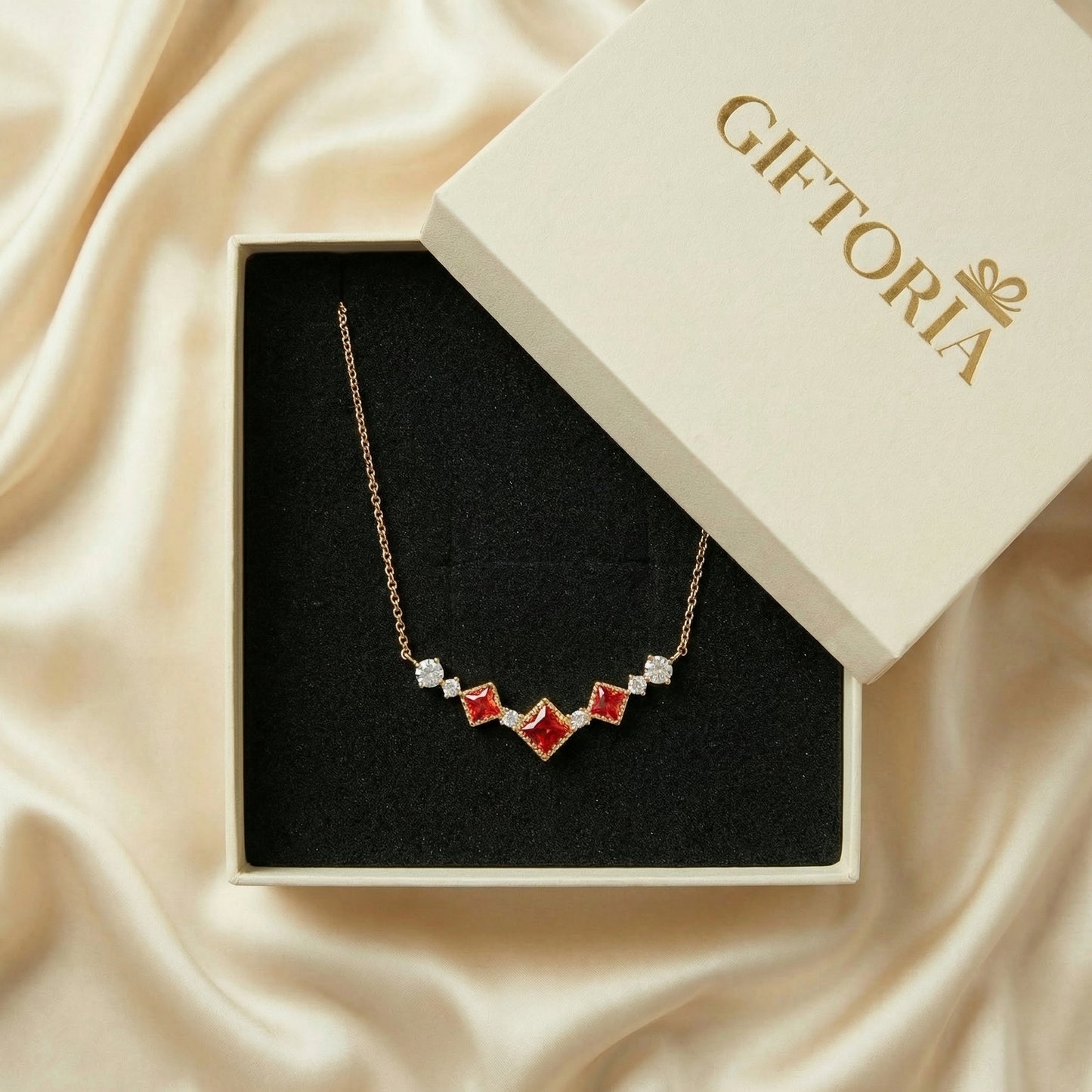 Gift-ready scarlet vintage red cubic zirconia necklace presented in Giftoria jewellery box