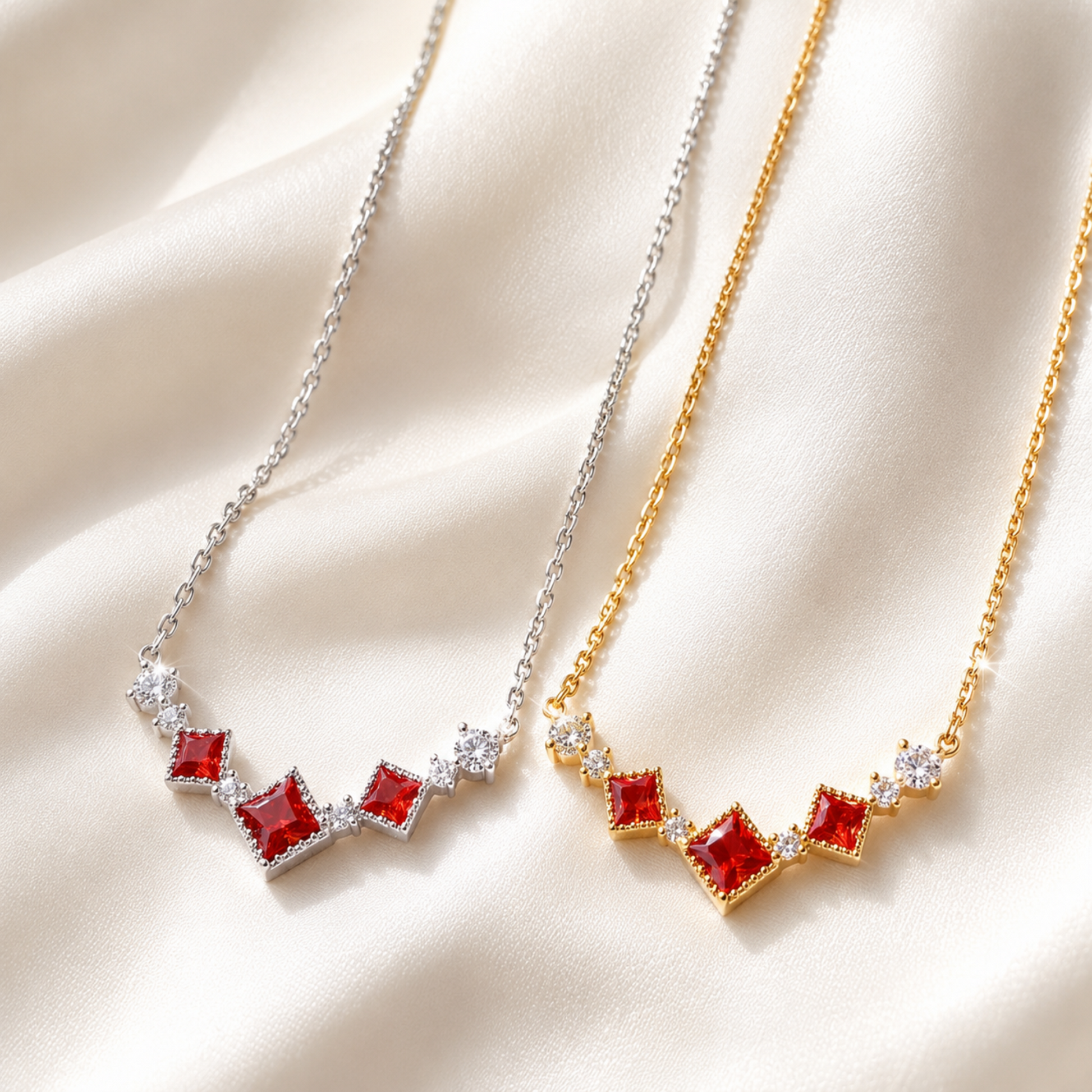 Scarlet Vintage red cubic zirconia necklace in gold and silver finishes on ivory satin