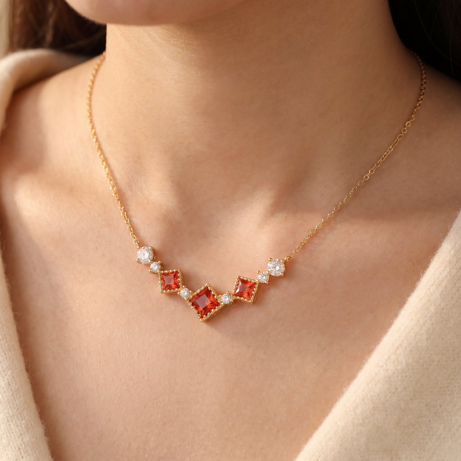 worn on model showing elegant neckline detail