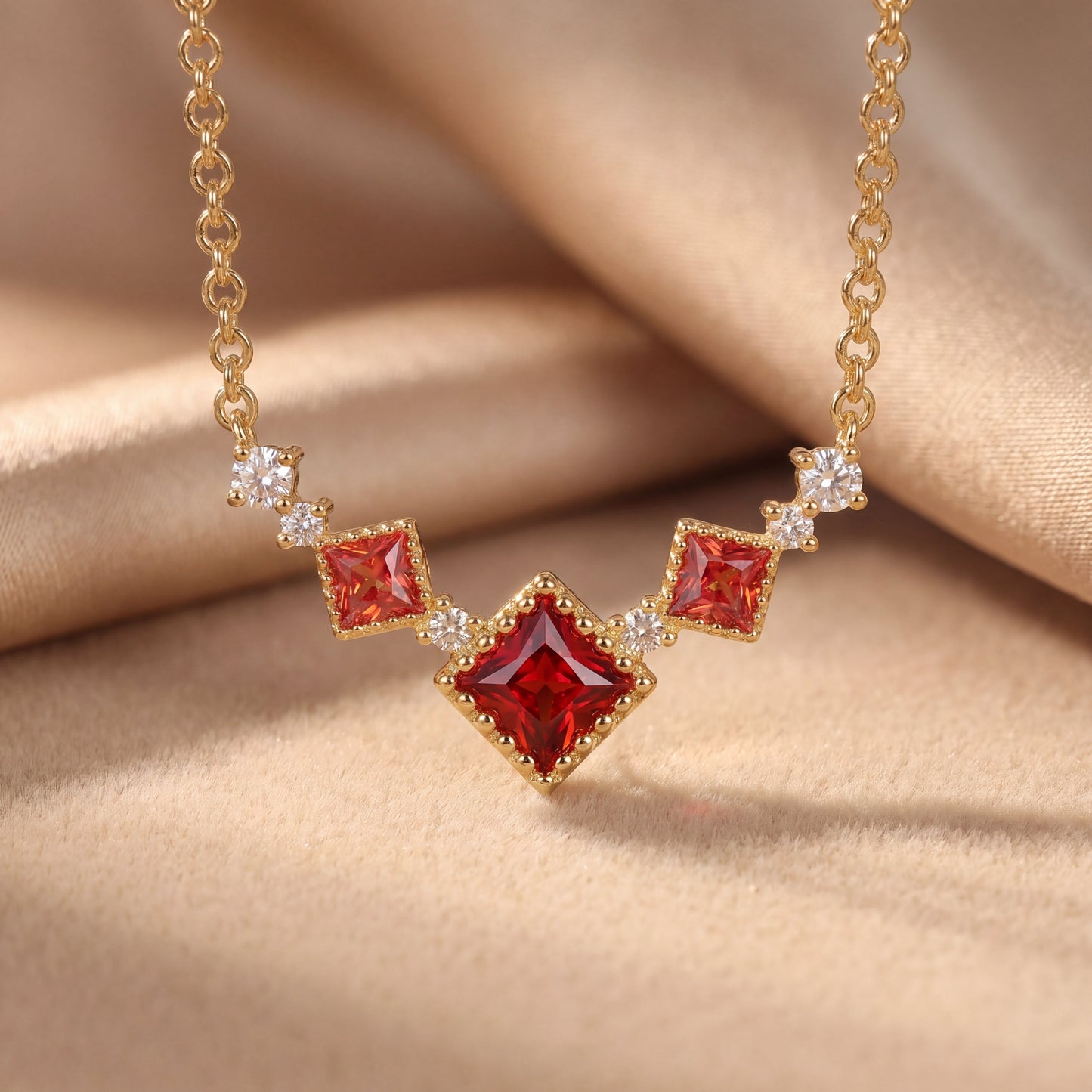 Scarlet vintage red cubic zirconia necklace styled on soft silk for a luxury gift look