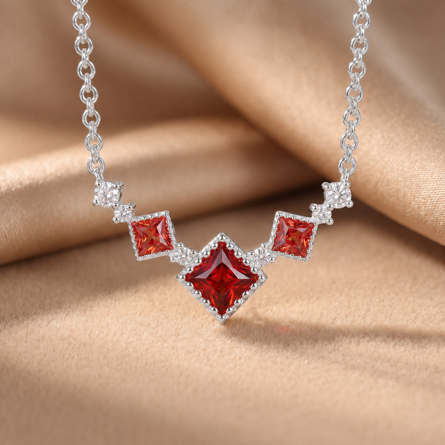 Silver Scarlet Vintage 925 sterling silver necklace with red cubic zirconia on champagne satin