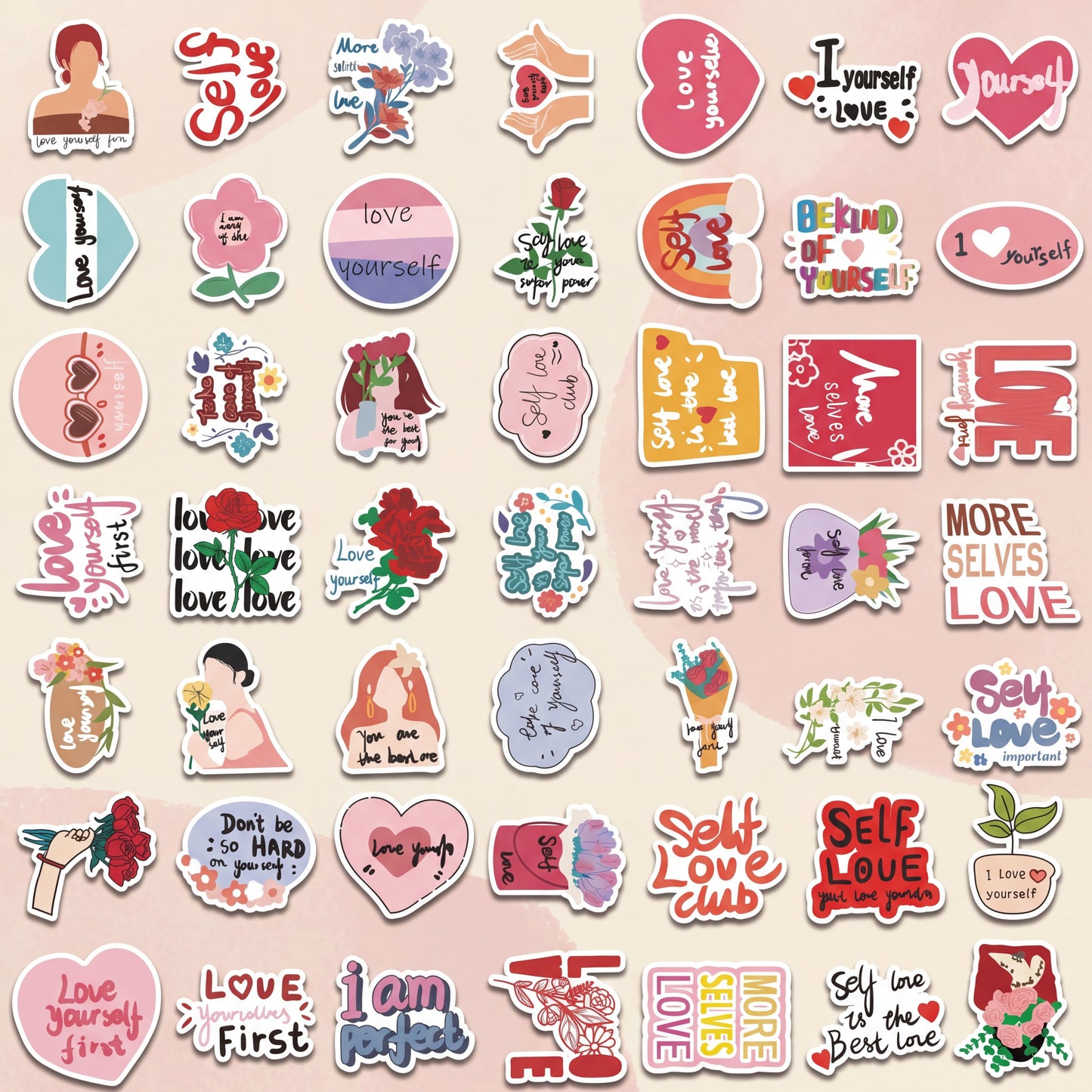 Flat lay of Self-Love Motivational Quote Stickers 50-Pack showing colourful self-love quote stickers, affirmation messages and cute aesthetic designs.