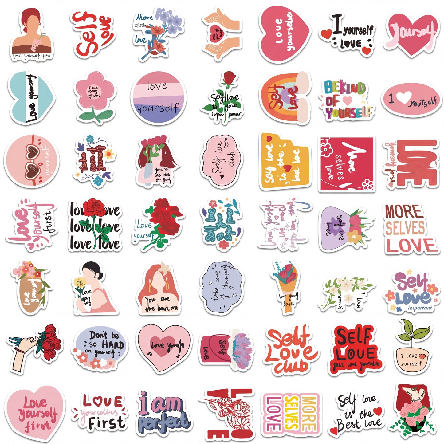 Full sheet design of Self-Love Motivational Quote Stickers 50-Pack with 50 cute self-love affirmation stickers in colourful motivational styles.