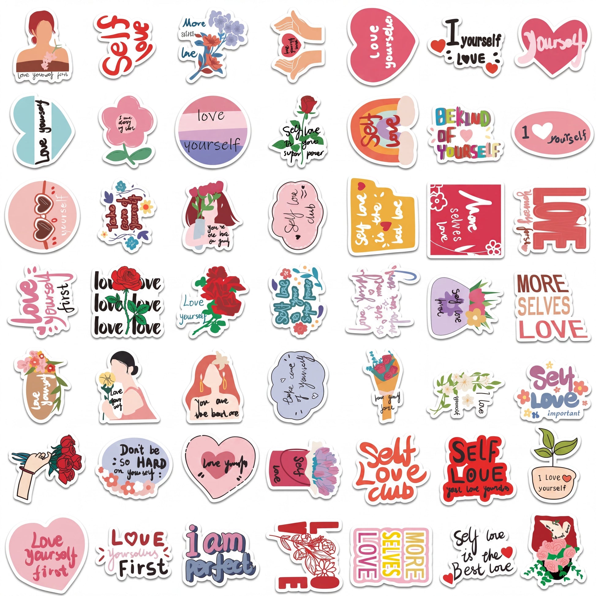 Full sheet design of Self-Love Motivational Quote Stickers 50-Pack with 50 cute self-love affirmation stickers in colourful motivational styles.