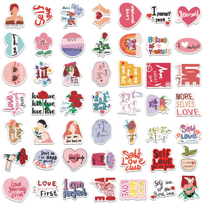 Full sheet design of Self-Love Motivational Quote Stickers 50-Pack with 50 cute self-love affirmation stickers in colourful motivational styles.