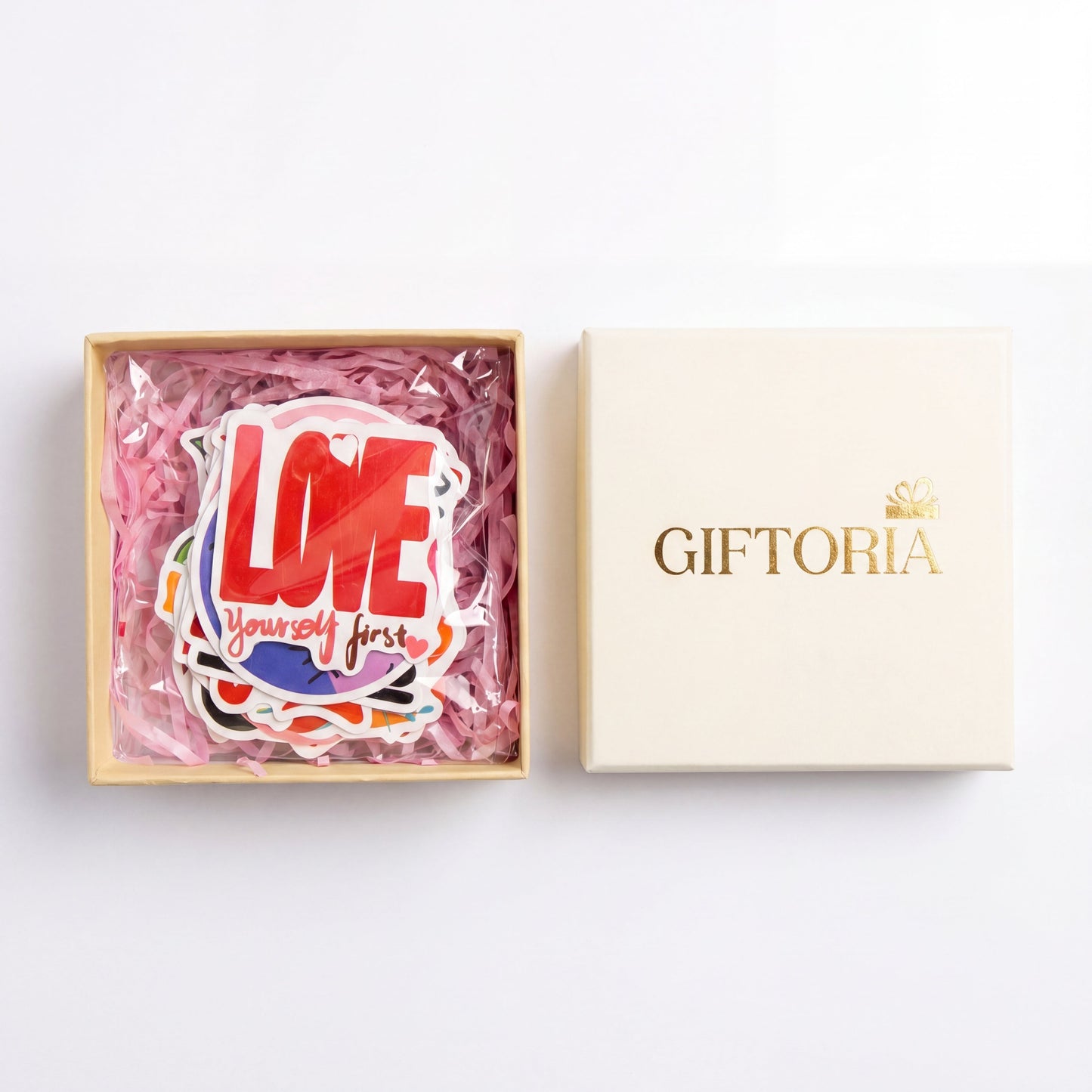 Self-Love Motivational Quote Stickers 50-Pack in Giftoria gift box packaging, presented as a cute uplifting gift for women and girls.