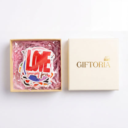 Self-Love Motivational Quote Stickers 50-Pack in Giftoria gift box packaging, presented as a cute uplifting gift for women and girls.