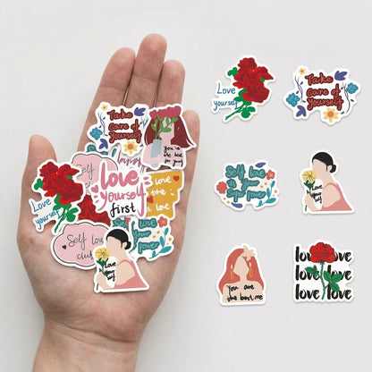 Self-Love Motivational Quote Stickers 50-Pack displayed in hand to show sticker size, variety and cute self-love affirmation designs.