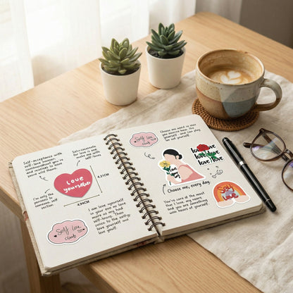 Self-Love Motivational Quote Stickers 50-Pack styled on an open journal, featuring cute waterproof affirmation stickers for notebooks and planners.