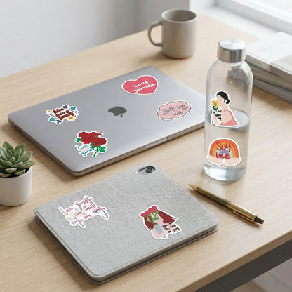 Self-Love Motivational Quote Stickers 50-Pack applied on a laptop, bottle and notebook, showing cute waterproof motivational stickers for everyday use.