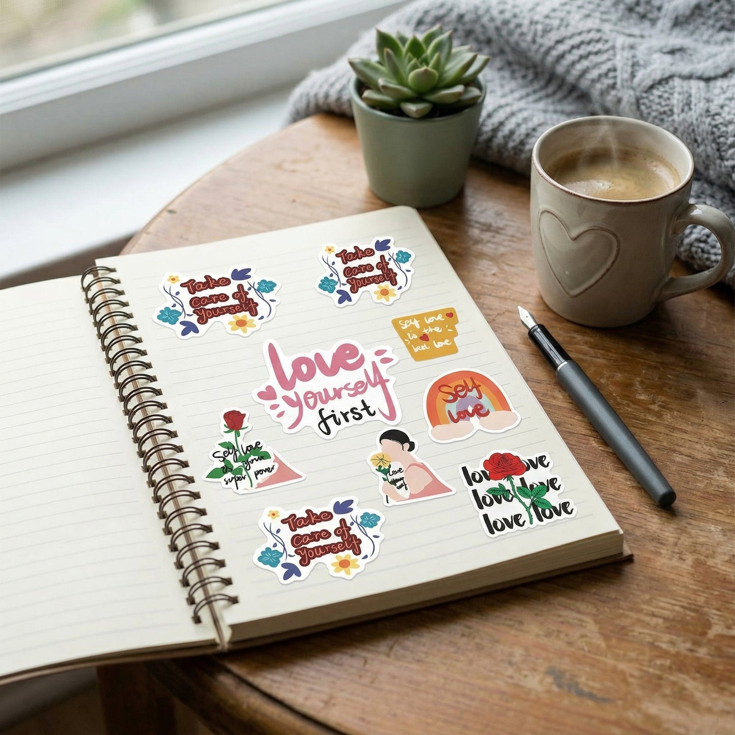 Self-Love Motivational Quote Stickers 50-Pack styled on a notebook in a cosy desk setting with cute self-love quote sticker designs.