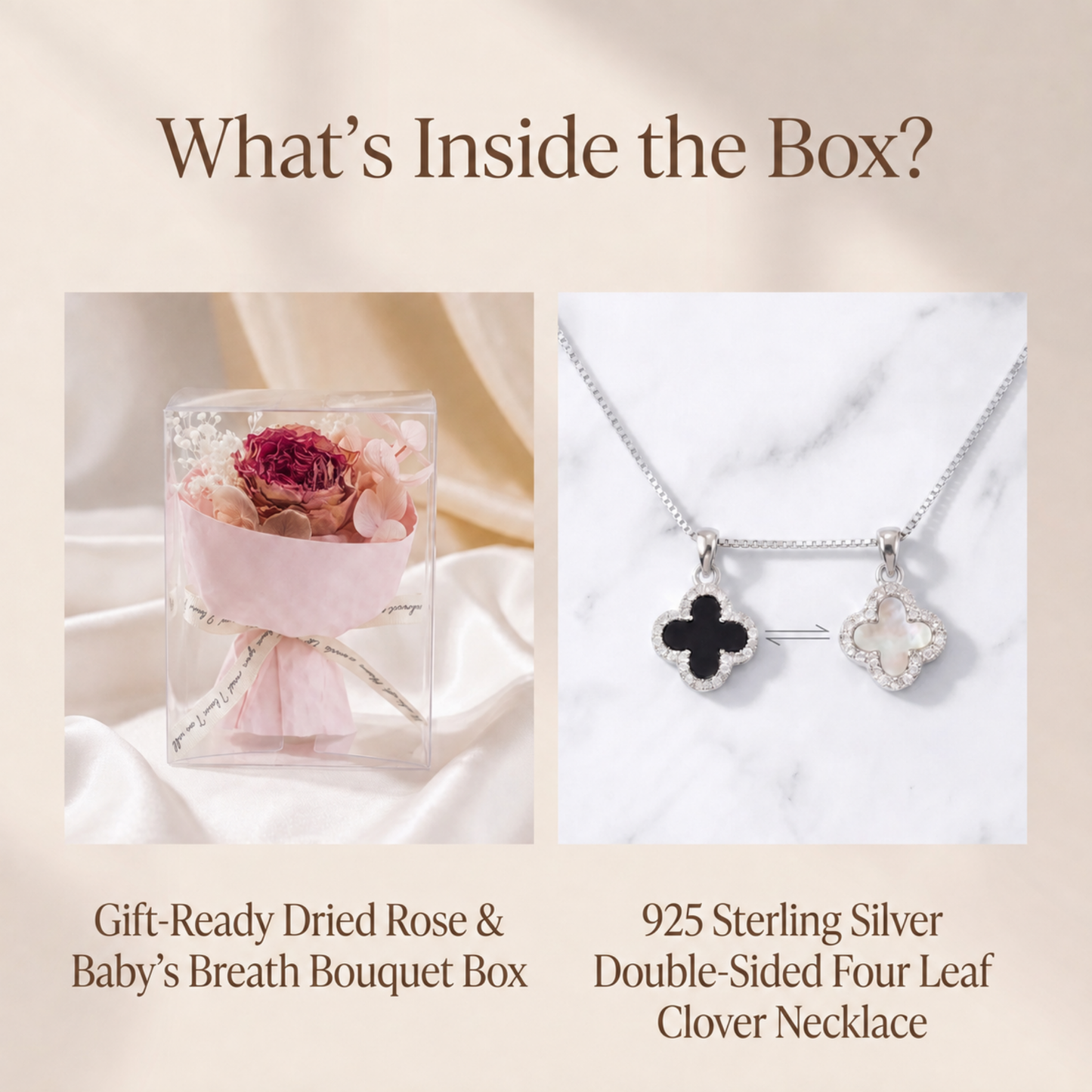 Gift set including a dried red rose bouquet and double-sided sterling silver clover necklace