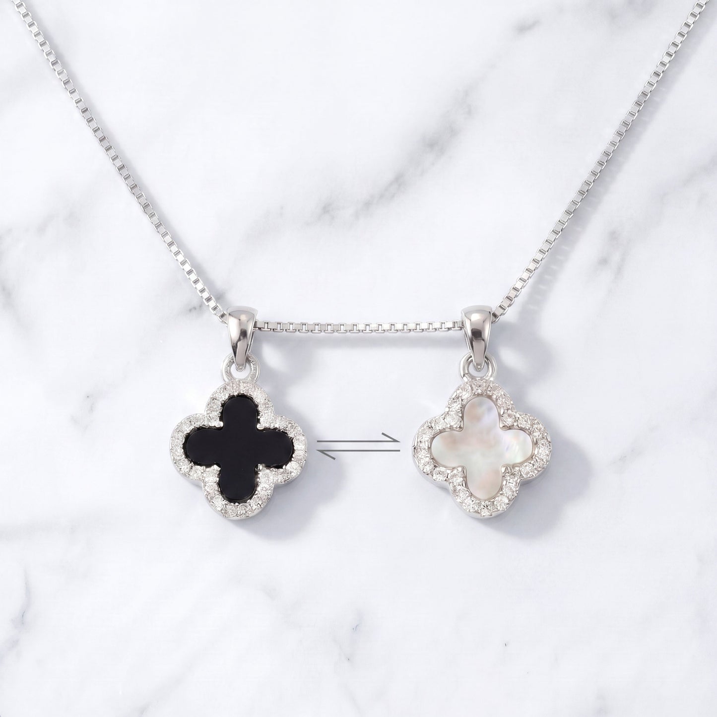 silver 925 sterling silver double-sided four leaf clover necklace showing both sides
