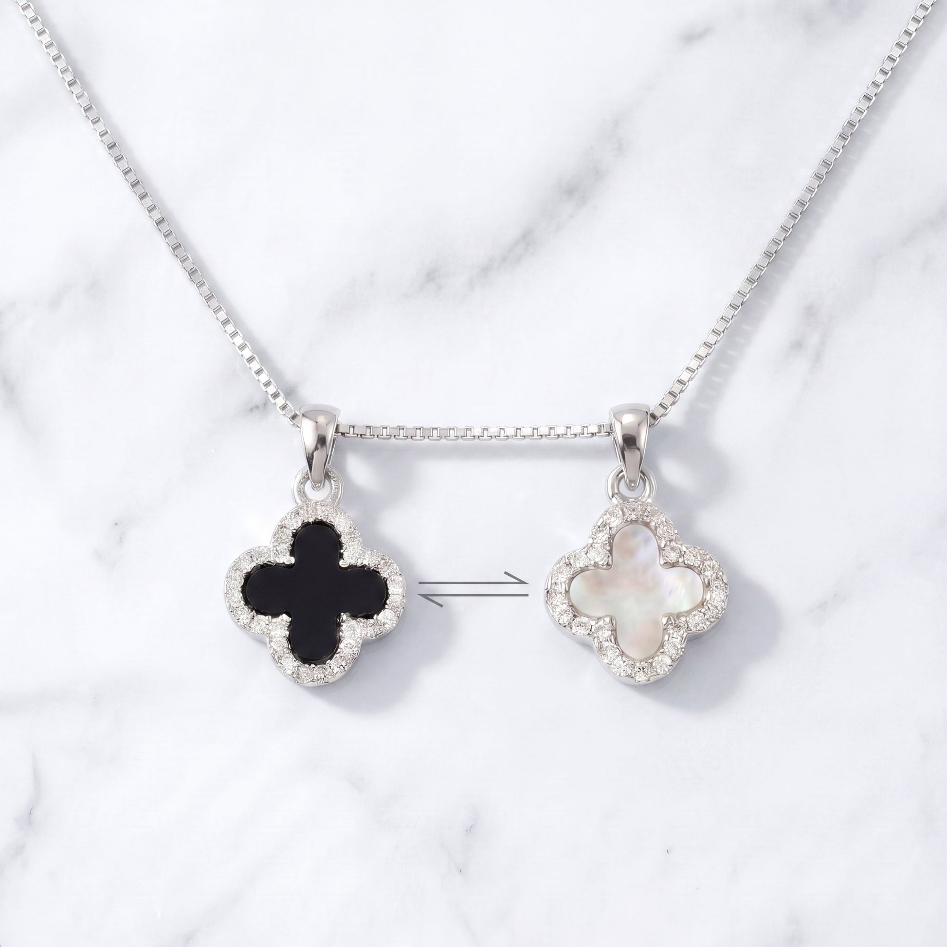 silver 925 sterling silver double-sided four leaf clover necklace showing both sides