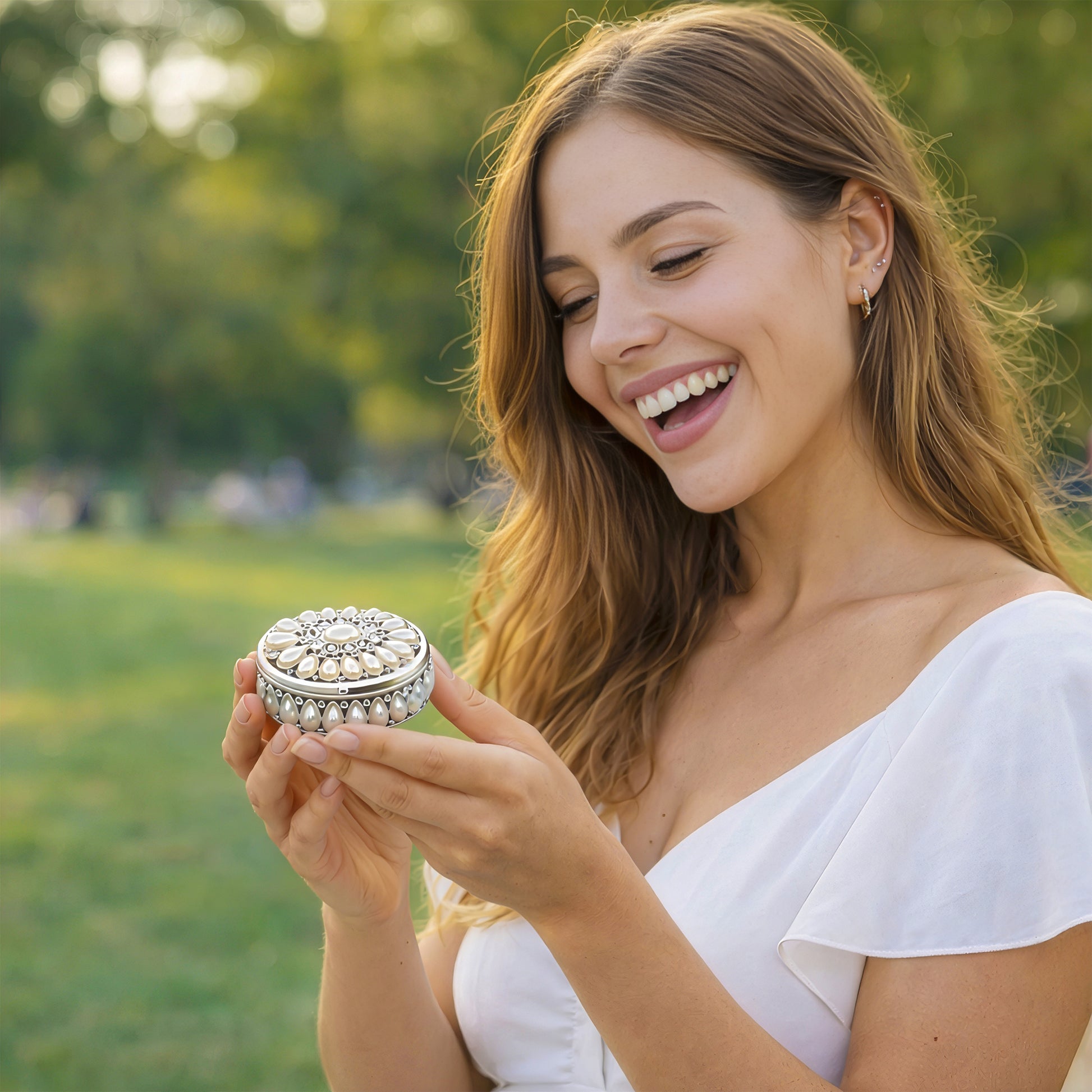 Luxury silver pearl oval jewellery box gift for her elegant keepsake