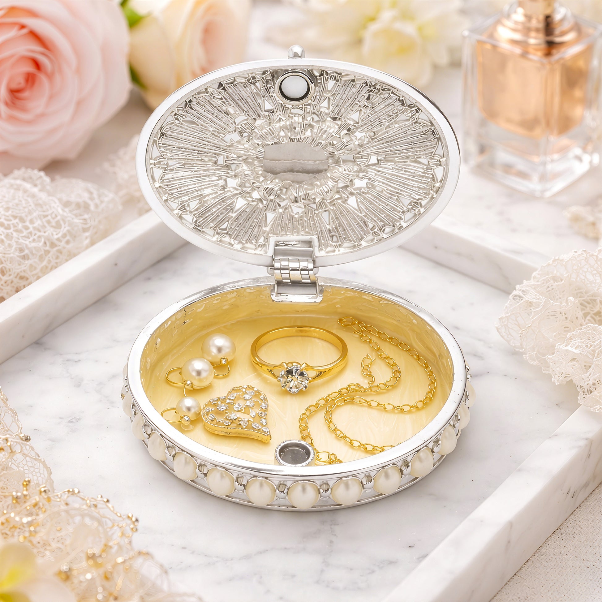 Silver pearl oval jewellery box interior storage for rings and necklace