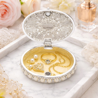 Silver pearl oval jewellery box interior storage for rings and necklace