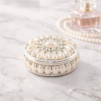 Silver pearl oval jewellery box with pearl decorative lid