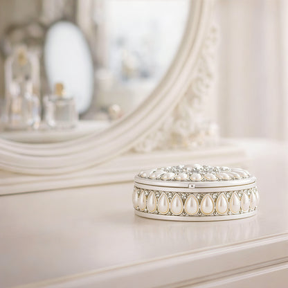 Silver pearl oval jewellery box on vanity table decor