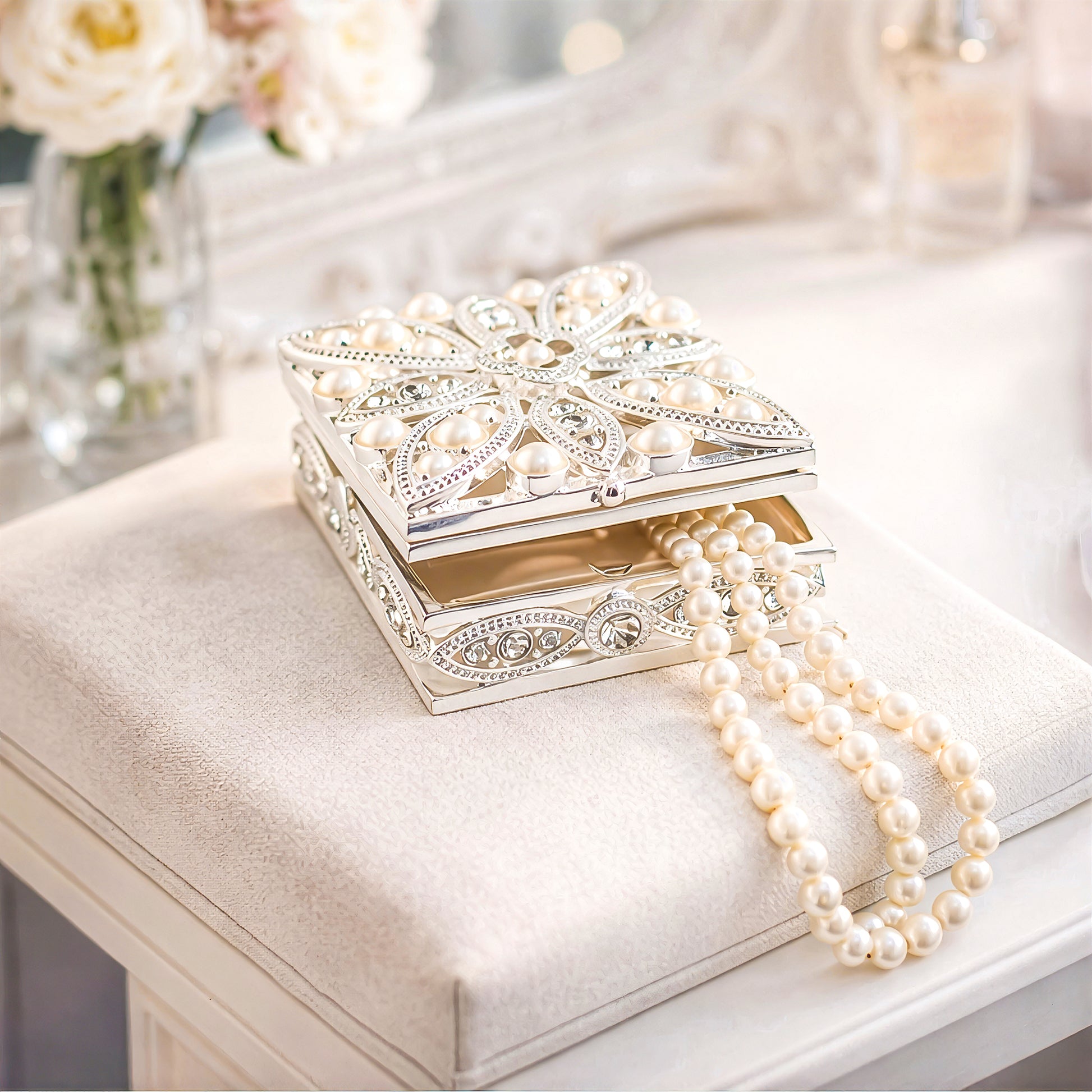 Silver pearl square jewellery box drawer storage for necklace