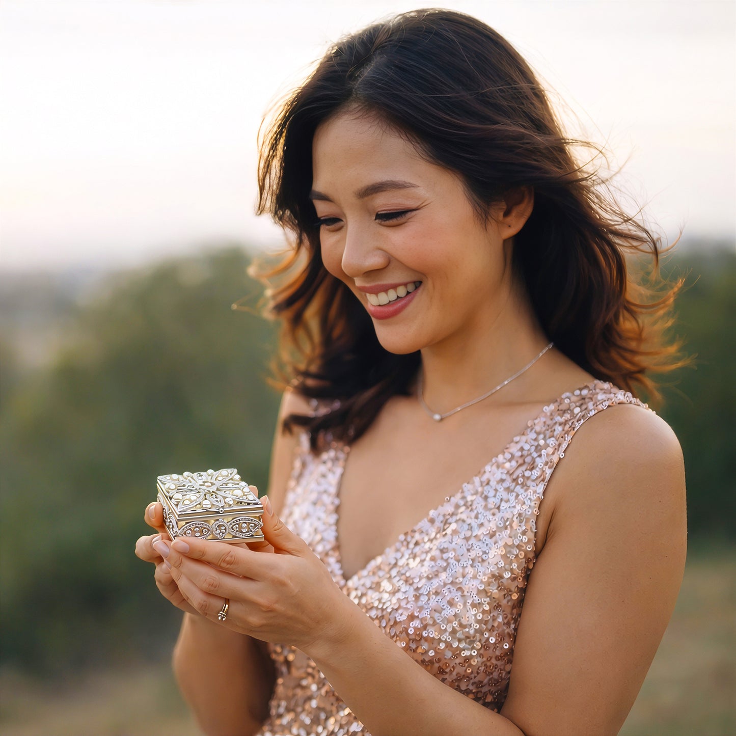 Luxury silver pearl square jewellery box gift for her elegant keepsake